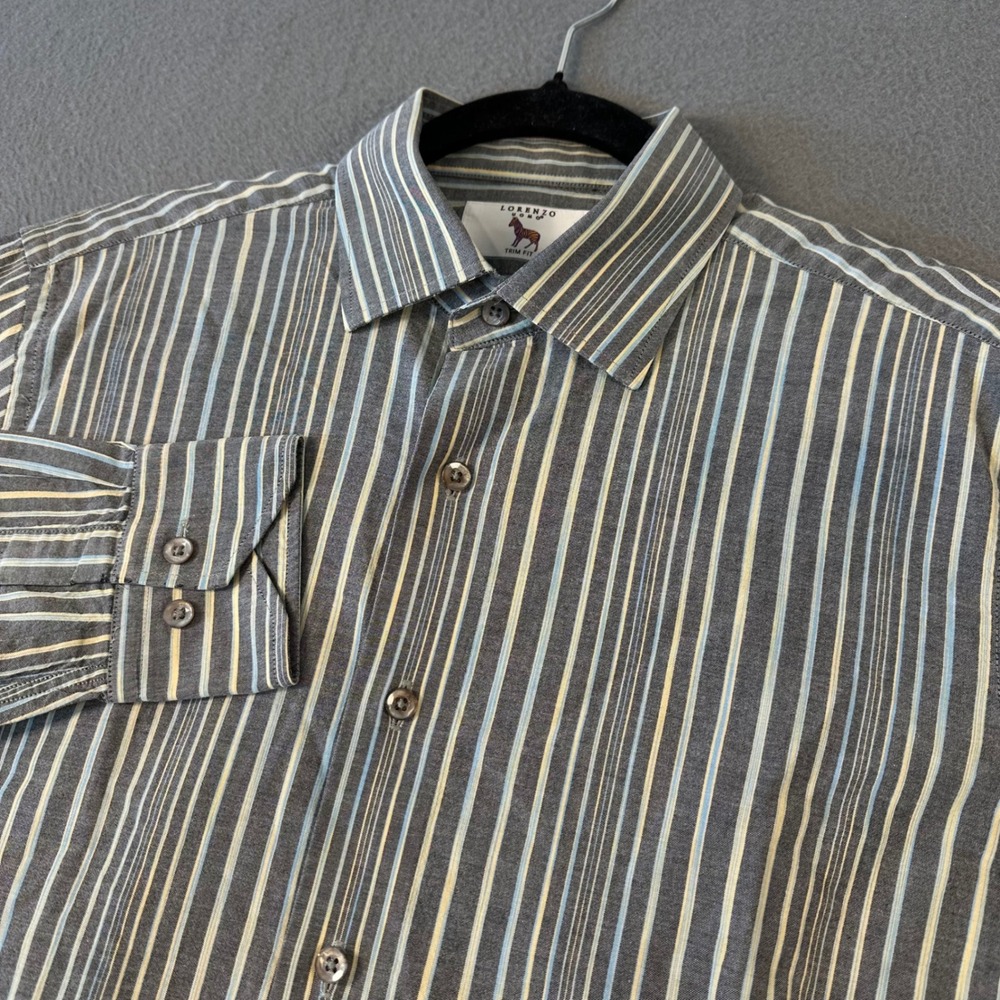 Lorenzo Uomo Mens Trim Fit Striped Dress Shirt Grey Blue Yellow 15 32/33